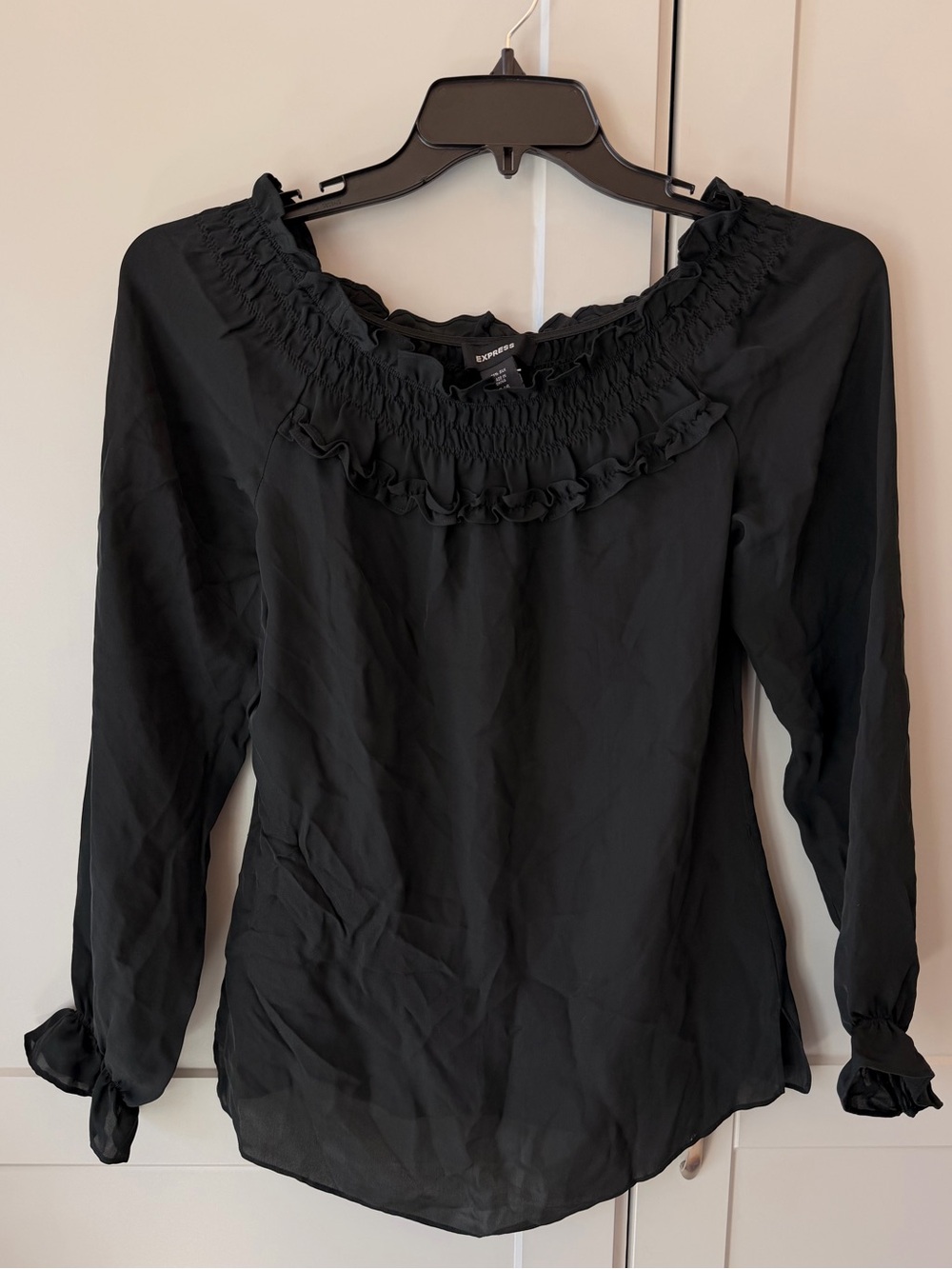 Express Y2K Black 100% Silk Ruffle Peasant Blouse Size 5/6 Romantic Goth